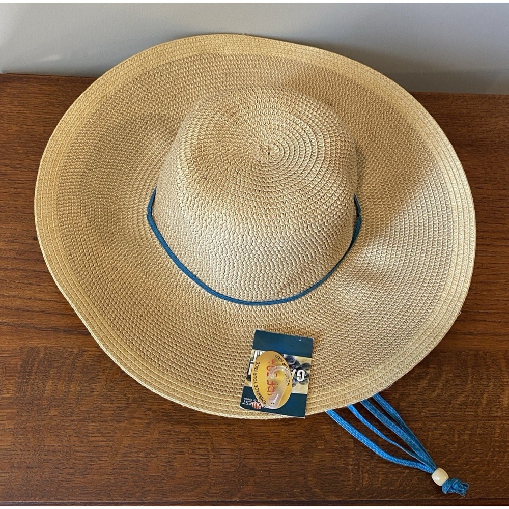 Midwest Wide Brim Straw Sun Hat w/ Chin Strap Packable Beach Garden Travel NWT